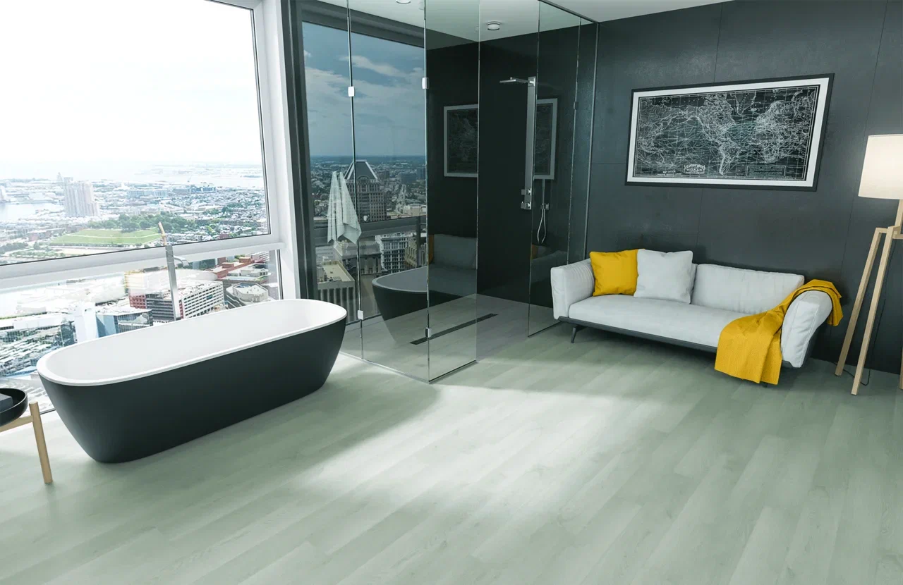 Кварцвиниловый SPC ламинат Home Expert Natural Дуб Ледяной замок 943-07 1220×150×3,5 фото в интерьере